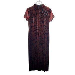 Vintage Long Dress Chinese Oriental Velvet Black Brown Frog Buttons Boho